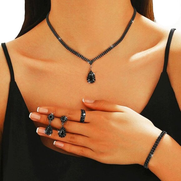 Bridal Wedding Jewelry Set Rhinestones Necklace Earrings Bracelet Ring Women - Picture 4 of 7